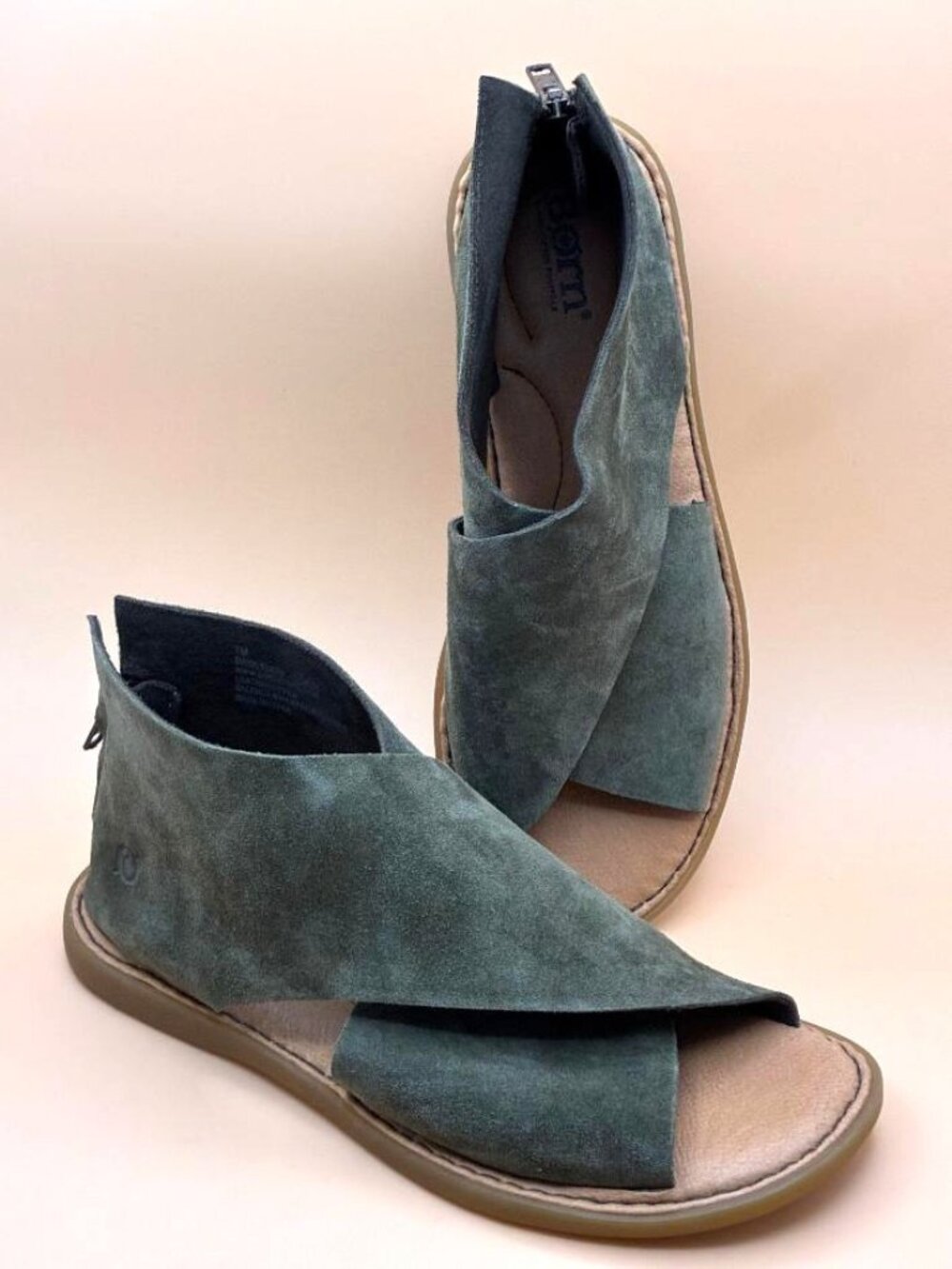 BORN IWA Suede Sandals Shoes Nubuck Leather Zip Open Toe Flat Womens Casua
